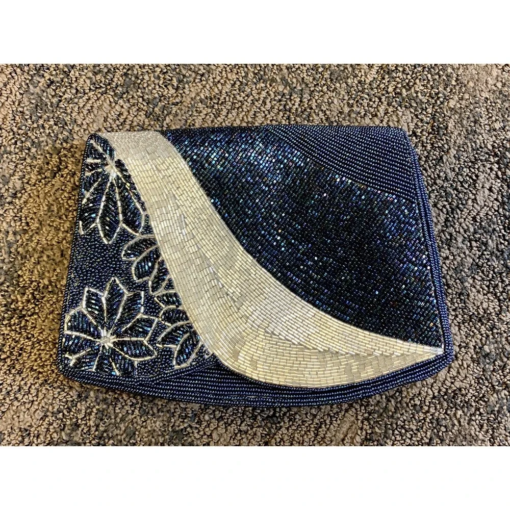 1950s Delill Silver Glass Beaded Frame Bag Vintage Designer Evening Purse Clutch